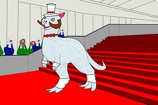 A tauntaun wearing a top hat and spats at the Met Gala