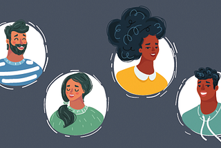 Four cartoon portraits of individuals of different races, ethnicities, and gender identities