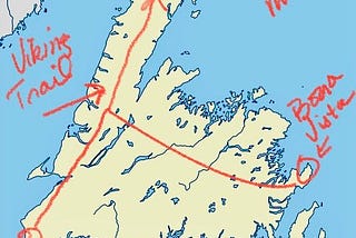 Cartoon map of Newfoundland with hand drawn orange lines to locations the Viking Trail, Buena Vista, Port aux Basque, and L’Anse aux Meadows.
