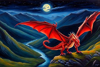 A beautiful red dragon drawing in a valley at night.