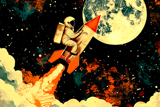 Image of a man riding a rocket to the moon. Image produced using Midjourney