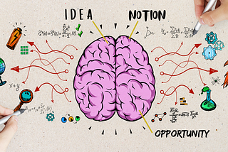 Brain drawing with idea, notion & opportunity drawn in