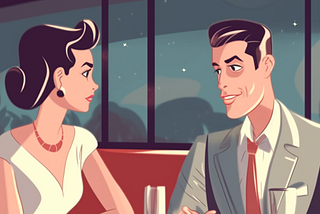 A 1950s couple at a diner having drinks