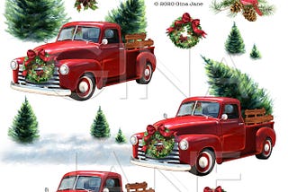 Red Chevy Vintage Trucks PNG | Christmas Truck with Tree PNG | Digital Red Trucks  | DIY Craft Clip Art Gina Jane