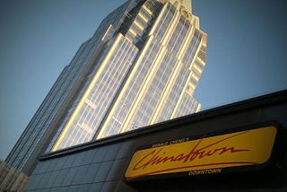 Chinatown’s storefront, with an Austin skyscraper in the background.