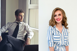 On the left, a grumpy-looking white businessman sits on a chair looking pensively out the window. On the right, a sweet-looking white woman smiles coyly to the side. She is wearing a blue-and-white striped dress.