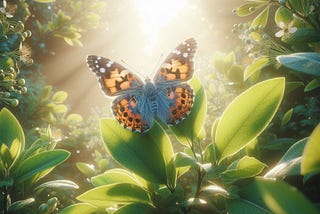 An orange blue butterfly in the forest, its a close up image on the butterfly. It’s morning and the sun is shining through the leaves