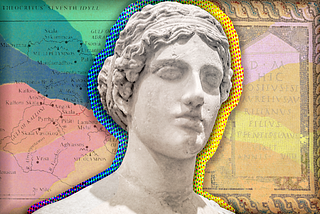 An artistic, multi-colored depiction of the ancient Poet Sappho with a Latin inscription of one of her poems on the right behind her and a map of the island of Ancient Lesbos on the left behind her.