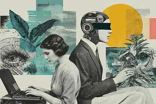 An artistic, mixed-media collage in a vintage, textured style. On the left, a woman sits at a laptop, focused on her work. Behind her, a large, detailed eye and botanical leaves are layered over a teal, textured background. On the right, a person in a suit sits back-to-back with the woman. Their head is depicted as a mechanical, robotic assembly with a black blindfold over the eyes. This figure holds a small cup against a backdrop of a large yellow sun and more botanical elements. The overall ae
