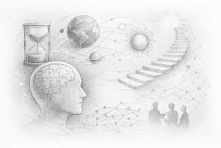 Pencil sketch illustrating themes of time, learning, and human thought, with a profile head, hourglass, planets, and an ascending staircase.