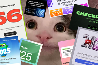 A wide-eyed cat surrounded by screenshots of year-in-review and “Wrapped” experiences from different apps like Spotify, Duolingo, Discord, YouTube, and others, representing the overwhelming flood of recap features every December.
