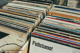 A bin of record albums as they were in the 1960s. Feliciano! is visible.
