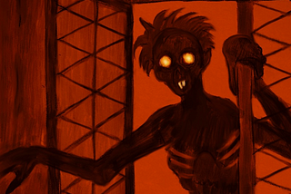 A sinister, dark figure with burning eyes creeps through an open window.