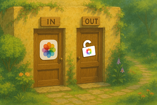 A walled garden with two doors: IN door for Apple’s Photos app, OUT door for the macOS app Photos Takeout.