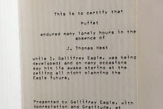 A typed out award with the title that is the same as the article which thanked my mother for the lonely evenings she spent while the Eagle computer was being developed. It is signed by the president of the company but also by the computer.