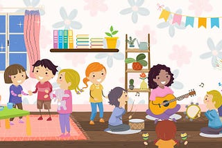 Illustration of a colorful kindergarten classroom with a brown-skinned femme teacher playing guitar to children.