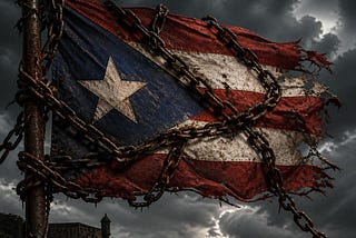 Borinquen Bella’s flag in chains, storm, unequal, Puerto Rico