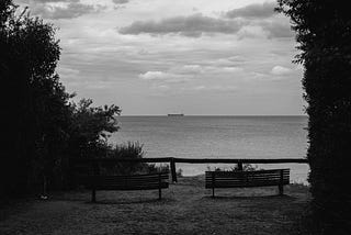 Grayscale photo of two benches near the sea