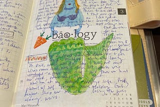 watercolor painting of a blue-skinned mermaid on agenda paper over a sticker from “baology,” a restaurant in Philadelphia.