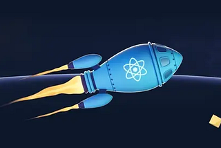 A rocket, featuring the React logo, soaring across the sky