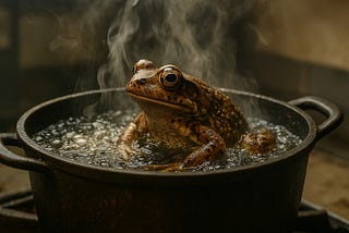 A frog boiling in a pot.