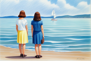 Two girls stand on the shore looking forlornly at a boat passing them by