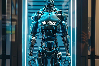 a studly man robot with the word “studbot” on his chest