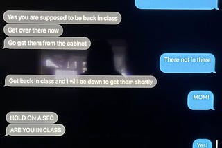 a text between a kid in school and a mom teaching in a school in the same home at the same time or, 2020.
