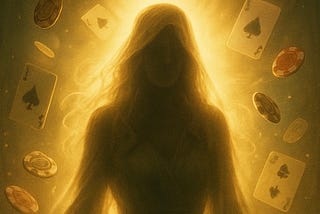 silhouette of woman with cards and gold light