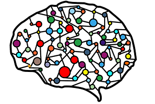 illustration of various different colored dots connected within an outline of a brain to depict an abstract visualization of machine learning