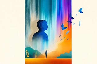 Horizontal minimalistic image of a person shedding layers of a mask, symbolizing the process of revealing their true self. The background features abstract flowing lines in vibrant colors of blue, orange, and purple, representing transformation and self-acceptance.