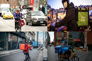 Four photos of delivery workers on their bicycles.