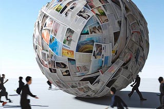 A ball of Japanese websites rolling with western people running from it.