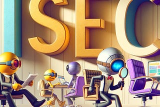 A humorous and sophisticated illustration showing cartoon characters representing SEO acronyms — SERP as a fast-talking reporter, SEO as a detective with a magnifying glass, and AI as a futuristic robot, all engaging in playful office antics against a backdrop of beige, gold, and dark violet.