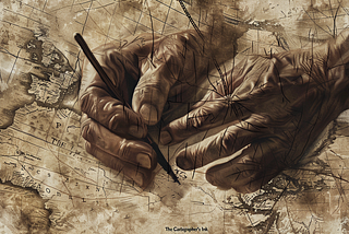 A painting of two hands, one holding an ink pen and the other resting on top with fingers interlaced; both hands surrounded by a hand-drawn map, symbolizing Cartographer’s artistic creation.