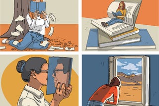 Collection of views of people reading books: Woman under a tree with pages falling out, woman reclining in the pages of a book reading one of her own, a woman with her nose in a book with a man’s reflection on the cover, a woman looking out a cover of a book into the window of a landcscape