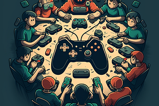 An image of a gaming community — a group of passionate gamers hooked to a set of handheld joysticks. Each of their joysticks is connected to a master console. This image gives the effect of multiplayer communities coming together to interact with stories that engage users in real time.