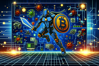 Cryptocurrency superhero protecting digital assets and investments with shield and sword. Bitcoin Superhero — Enhancing Financial Security in the Digital Age. A powerful robot superhero with a shield and sword, symbolizing the protection of digital assets and investments. The robot embodies the importance of cryptocurrency, personal finance, savings, investment, security, and the future, emphasizing the need to protect and grow financial resources for the well-being of oneself and their family.