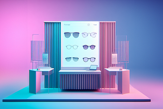 Immerse yourself in the next-gen retail experience with Designhubz’s virtual fitting room concept, featuring a sleek digital eyewear showcase against a neon-lit, gradient backdrop of blue and purple. The central focus is an interactive display screen presenting a curated collection of fashionable eyewear options, ranging from classic spectacles to trendy sunglasses. A modern workstation with an open laptop suggests a user-friendly virtual try-on process, complemented by abstract miniature urban