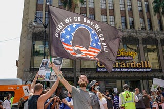 Demonstrators from conspiracy theorist group QAnon protesting in Los Angeles. Photo: AFP
