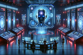 Futuristic AI command center with a large central display showing a detailed humanoid face surrounded by glowing circles. The room is filled with operators at stations, each featuring illuminated screens and controls. The setting is dark with deep blue and red lights, creating a high-tech, ominous atmosphere. This scene conveys a sense of advanced technology and control.