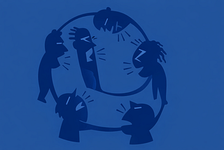 Minimalist blue illustration of five human silhouettes arranged in a circle, facing inward and gesturing as if arguing, with simple lines indicating speech and circular arrows suggesting an endless loop of discussion.