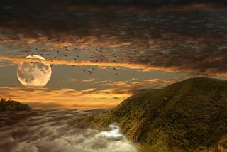 moon rise with clouds, mountains and flocking birds