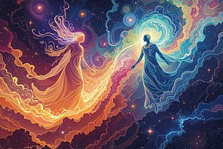 An image of two human forms surrounded by radiating waves of various colors