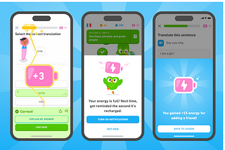 Duolingo screenshots showing the new flow of energy. The user gains 3 energy by completing a lesson, Duo presents the energy and tells the user “energy is full,” user receives +15 energy for referring a friend