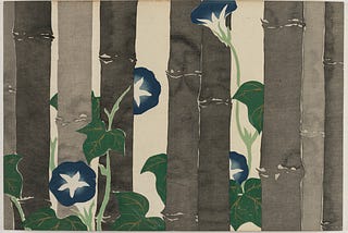 A Japanese woodcut depicting flowers growing among trees.