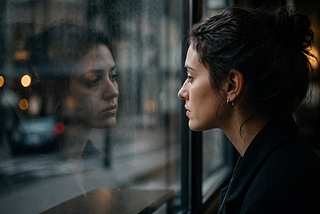 A person looking at their reflection in a window which is slightly distorted