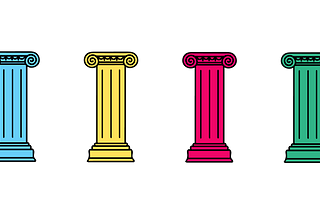 Four colored Ionic columns, blue, yellow, pink, and green, lined up equidistant from each other.