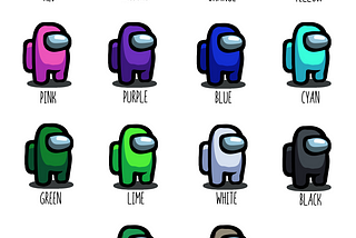 The default color scheme used for the avatars in Among Us, that shows the twelve color options offered to users