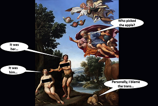 An image of Adam and Eve being confronted by God after eating the apple. Floating in the sky, God is waving a finger: “Who picked the apple?” Below him, pointing to Eve, is Adam: “It was her…”. Next to Adam and pointing at a snake is Eve: “It was him”. To the right of the picture, a lamb interjects: “Personally, i blame the trans…”